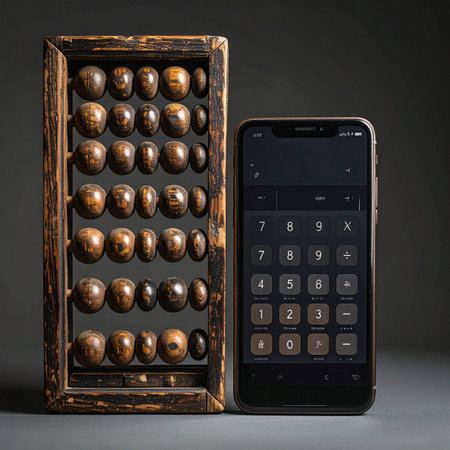A powerful visual metaphor contrasting an ancient wooden abacus with a modern smartphone's calculator app.の素材
