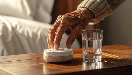 A close-up captures the weathered hand of a senior citizen reaching for their pill organizer on a bedside table.の素材