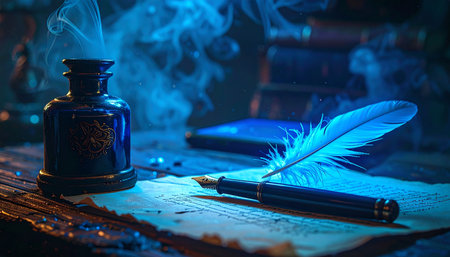 In the quiet of a forgotten library, a quill pen rests upon an ancient manuscript, its story half-told.の素材