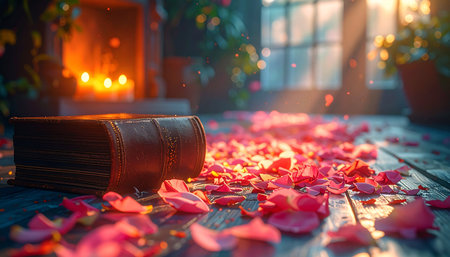 In a quiet, fire-lit room, a path of delicate rose petals leads to a forgotten story.の素材