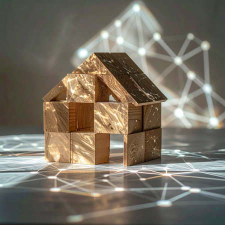 A model house constructed from wooden blocks is illuminated by a projected grid of light, symbolizing the integration of smart home technology, the internet of things (IoT), and digital connectivity .の素材