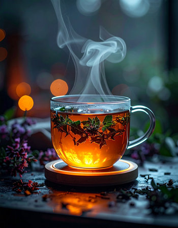 A glowing glass cup of freshly brewed herbal tea sends aromatic steam into the cool evening air.の素材