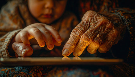 In a warmly lit room, the wrinkled hand of an elder gently guides a child's finger across a glowing tablet screen.の素材