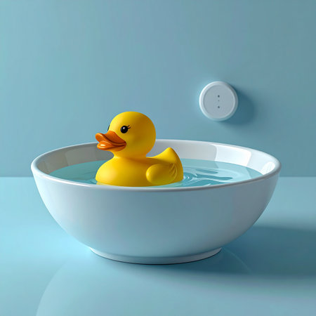 A single yellow rubber duck enjoys a quiet float in a simple white bowl, set against a serene blue background.の素材