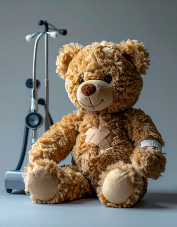 A beloved teddy bear sits as a patient with bandages, symbolizing childhood illness and the gentle, compassionate care found in pediatric medicine.の素材