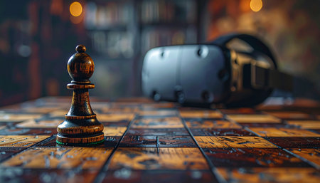 The ancient game of kings meets the next frontier of technology. A solitary bishop holds its ground, representing timeless strategy poised to enter the new digital arena of virtual reality.の素材