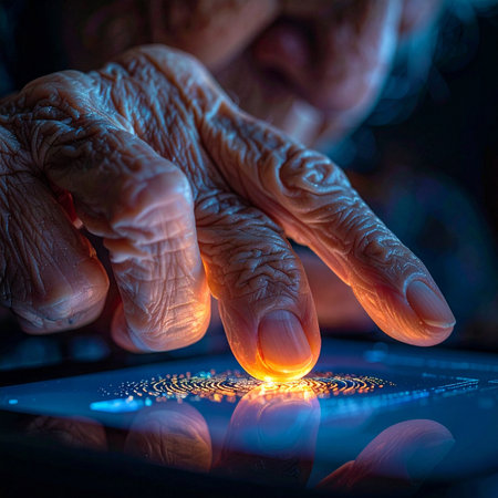 In a dimly lit room, the wrinkled hand of a senior gently touches a cluster of glowing particles on a digital screen.の素材