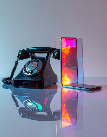 A conversation across time unfolds as a classic rotary telephone stands beside a sleek, modern smartphone.の素材