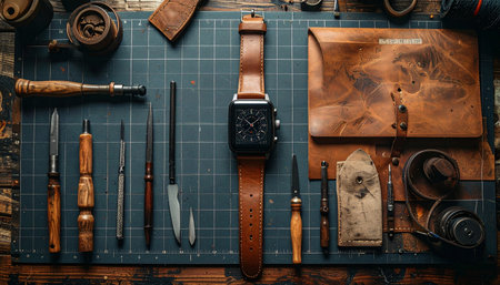From a craftsman's dedicated workshop, a custom leather watch takes shape.の素材