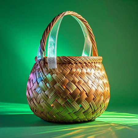 A beautifully handcrafted woven basket sits empty against a vibrant, glowing green background.の素材