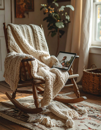 A sun-drenched corner of a quiet home invites a moment of pure relaxation. A classic wooden rocking chair, draped in a soft, chunky knit blanket, holds a tablet ready for a movie or a good book.の素材
