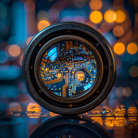 Peer through a cybernetic lens into a sprawling digital metropolis.の素材