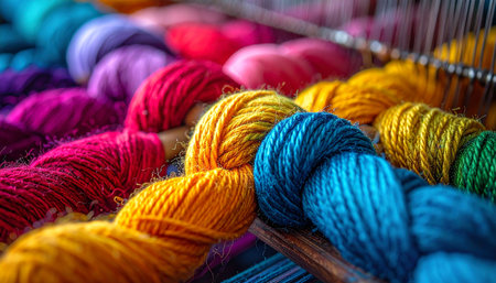 A vibrant collection of colorful yarn skeins lies ready for a creative project.の素材
