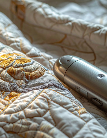 A sleek, modern hair styling tool rests on the intricate, embroidered surface of a cozy quilt.の素材