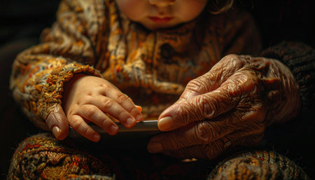 In a moment of quiet connection, the wrinkled, experienced hand of an elder gently guides the small, curious hand of a child.の素材