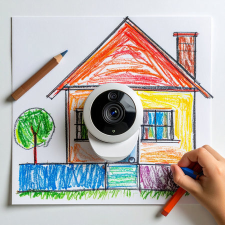 A child's colorful drawing of their dream home is overlaid with a modern security camera, symbolizing the blend of childhood innocence and the contemporary need for family safety.の素材