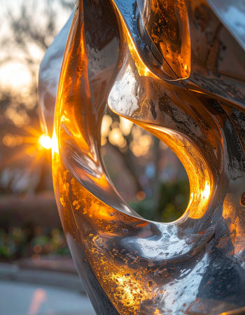 The warm, golden light of a setting sun catches the polished curves of a modern abstract sculpture, creating a brilliant flare.の素材
