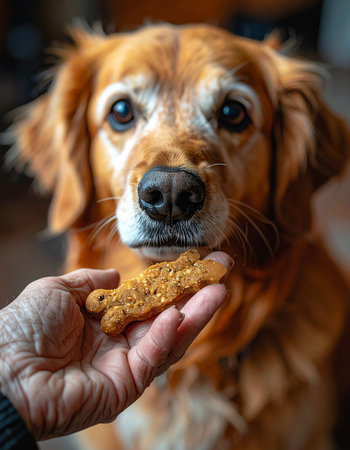 A close-up, heartwarming moment captures the gentle bond between an owner and their aging golden retriever.の素材