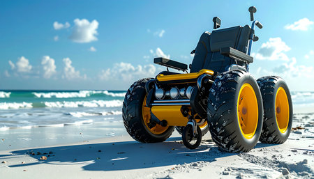 An innovative, all-terrain wheelchair rests on the sandy shore, its rugged tires ready for adventure.の素材
