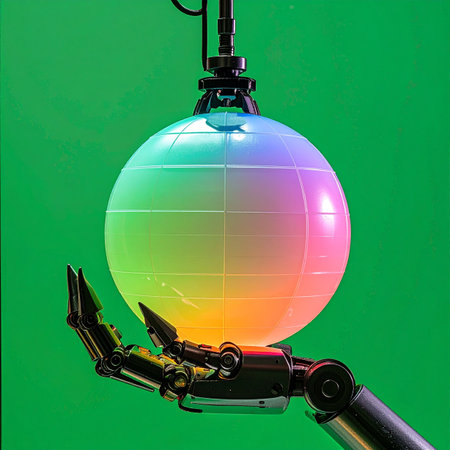 In a vision of tomorrow, a robotic hand gently cradles a luminous digital globe, representing artificial intelligence's growing influence and stewardship over global systems and data.の素材