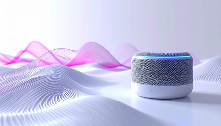 A smart speaker comes to life, its blue light glowing as it processes voice commands.の素材