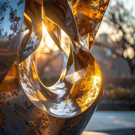 The warm light of the setting sun filters through the elegant curves of a modern public art piece.の素材