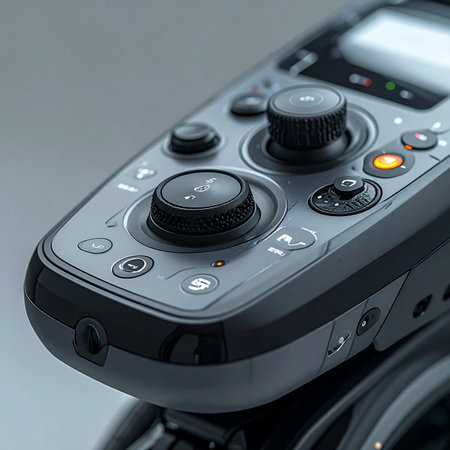 A detailed close-up of a state-of-the-art power wheelchair joystick controller.の素材