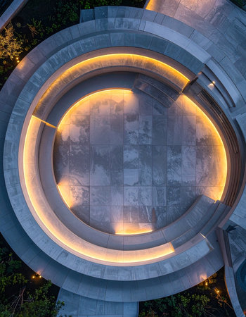 From a top-down perspective, a modern concrete amphitheater reveals its elegant circular design.の素材