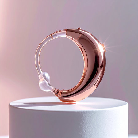A symbol of modern innovation in audiology, this elegant rose gold hearing aid rests on a pedestal.の素材
