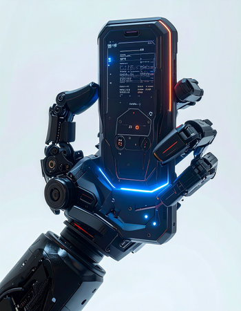 In a glimpse of the near future, an advanced robotic hand cradles a smart device, its glowing interface reflecting the dawn of a new era.の素材