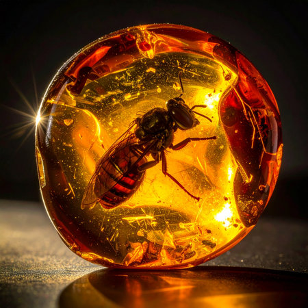 A moment frozen in time, this perfectly preserved insect is captured within a glowing sphere of ancient amber.の素材