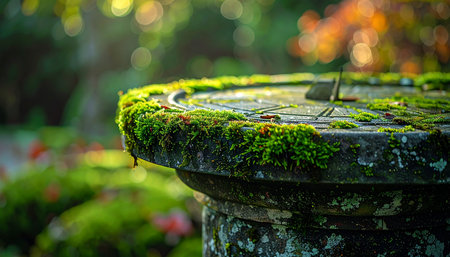 A close-up of an ancient stone sundial, reclaimed by nature with a vibrant blanket of green moss.の素材