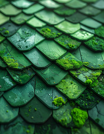 A close-up view of ancient, scalloped roof tiles, where vibrant green moss thrives in the crevices.の素材