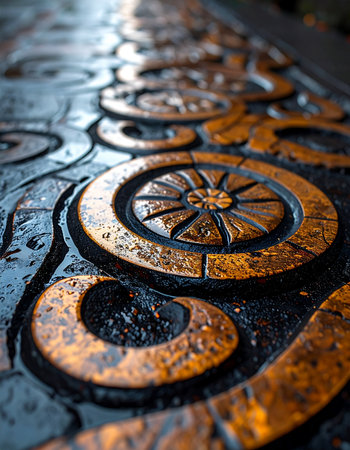 Raindrops trace the intricate lines of an ancient copper relief, revealing the rich patina and timeless craftsmanship of a forgotten era.の素材