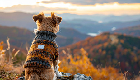 A small dog in a cozy sweater sits peacefully on a rocky outcrop, taking in the breathtaking view of a mountain range bathed in the warm light of sunrise.の素材