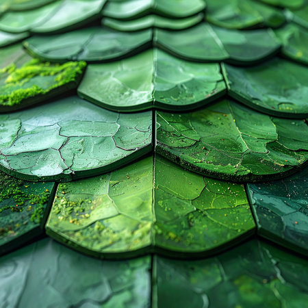 A close-up view of ancient, scalloped roof tiles in varying shades of emerald green.の素材