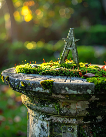 An ancient stone sundial, reclaimed by nature and covered in vibrant green moss, catches the last rays of golden sunlight.の素材