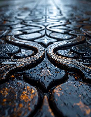 A low-angle, macro perspective captures the intricate details of an ancient, ornate carving after a rain shower.の素材