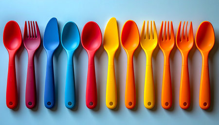 A vibrant lineup of colorful spoons and forks stands together in a perfect row, creating a beautiful rainbow gradient.の素材