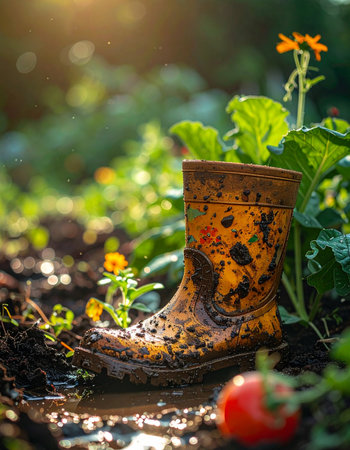 A single, mud-splattered child's boot sits abandoned in a puddle after a day of joyful exploration in the sun-drenched garden.の素材