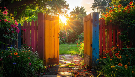 A colorful wooden gate stands open, bathed in the warm, golden light of a new day.の素材