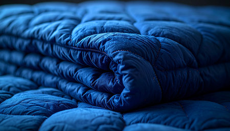 A deep blue weighted blanket lies folded, its quilted pockets promising a night of deep, restorative sleep.の素材
