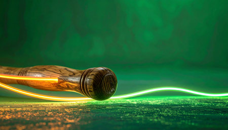 The finality of a decision is captured as a wooden gavel rests on a reflective surface, illuminated by a futuristic wave of light.の素材