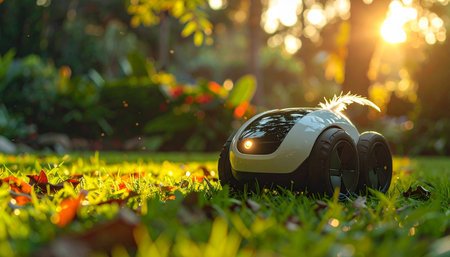 As the golden sun sets, casting a warm glow across the yard, a robotic lawnmower quietly trims the grass.の素材