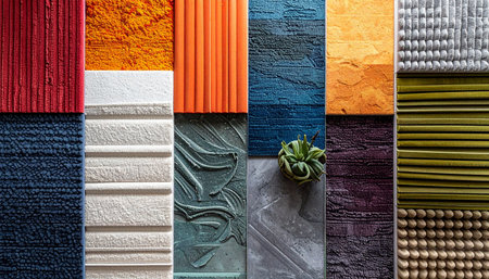 A vibrant mood board showcasing a diverse collection of material samples and textures.の素材
