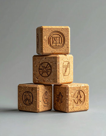 A stack of wooden blocks, each engraved with a unique symbol, represents the fundamental building blocks of a new idea or strategy.の素材