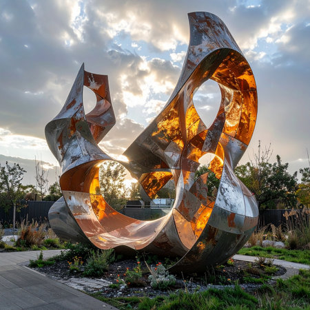 As the sun sets, its golden rays illuminate the interior of a massive, flowing metal sculpture, creating a breathtaking display of light and shadow.の素材