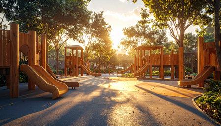 As the sun sets, a warm golden light bathes an empty playground, casting long shadows across the slides and climbing frames.の素材
