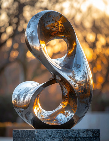 A contemporary polished metal sculpture stands proudly on its pedestal.の素材