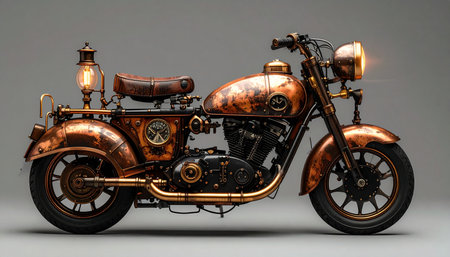 A masterpiece of retro-futuristic engineering, this custom steampunk motorcycle stands ready for a journey through a world of imagination.の素材